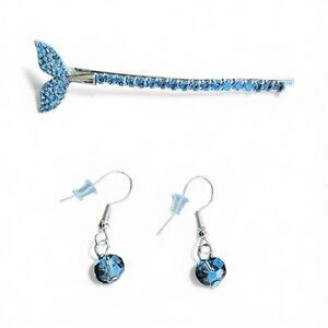 Hair Pin whale tail and matching earrings, blue rginestones faceted beads